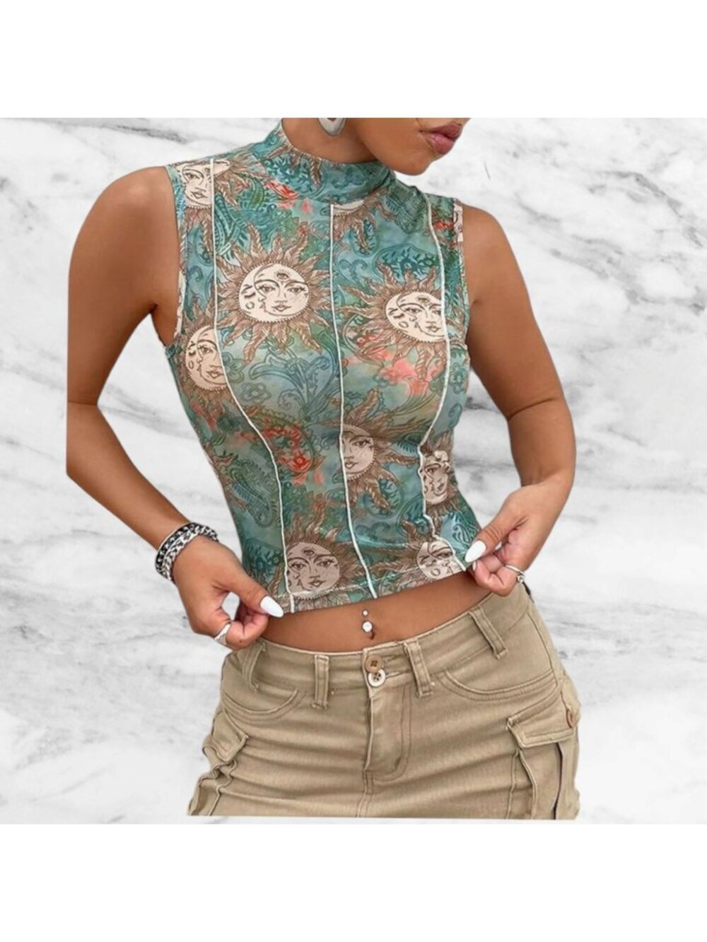 Sleeveless Sun & Moon Print mock Neck Top green /Tan Small